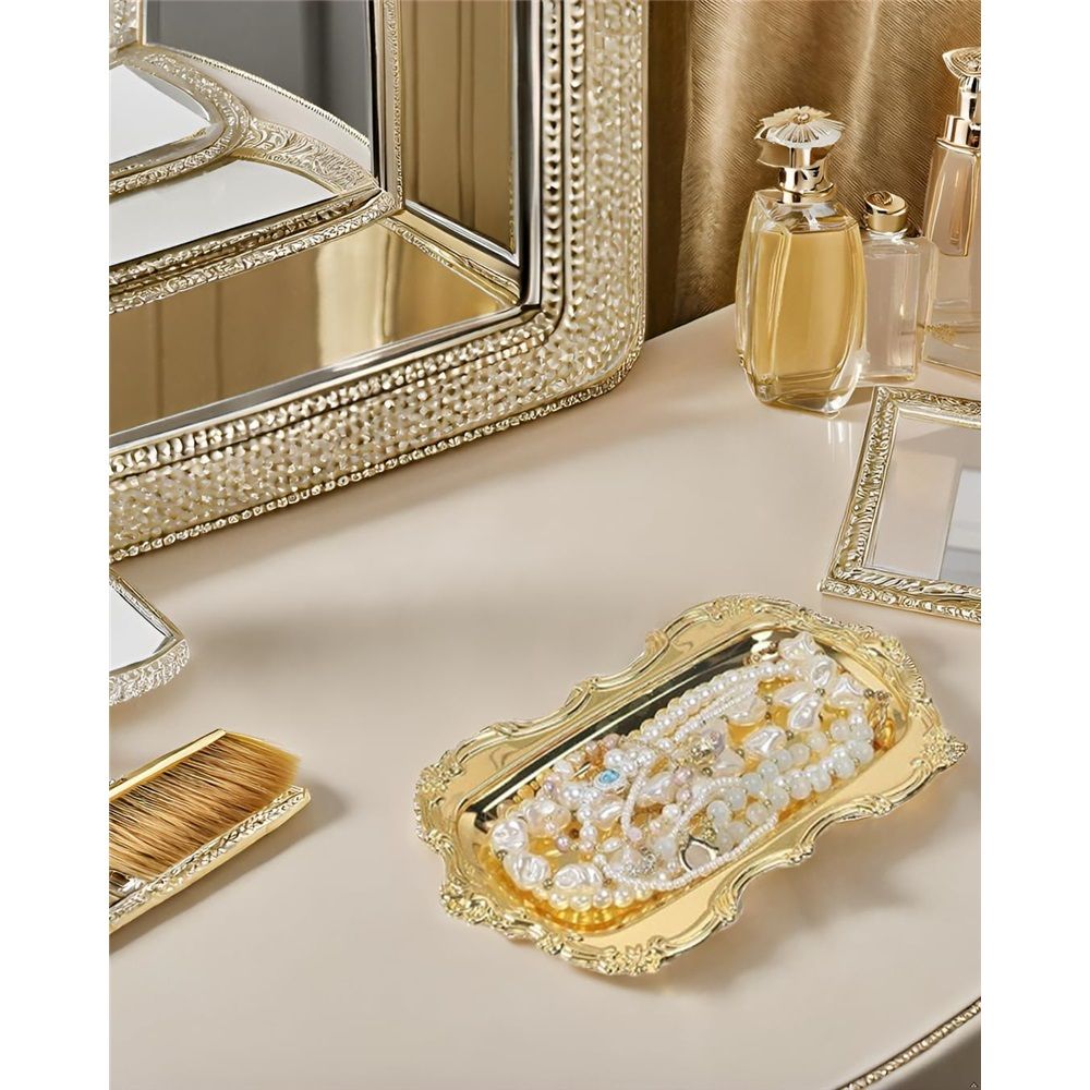 Vintage Trinket Dish Jewelry Tray Small Perfume Organizer Tray for Wedding Photographer Detail Props Ceremony Antique Decor (Gold)