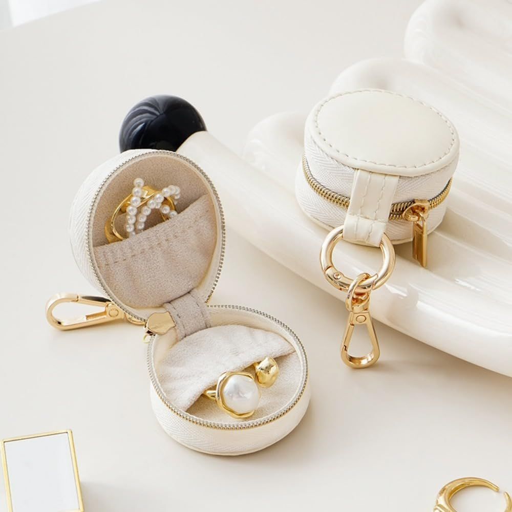2pcs  Jewelry Ring Holder Box with Keychain, Portable Gym Jewelry Storage Box Case, Small Travel Ring Earring Stud Necklace Storage Case (White)