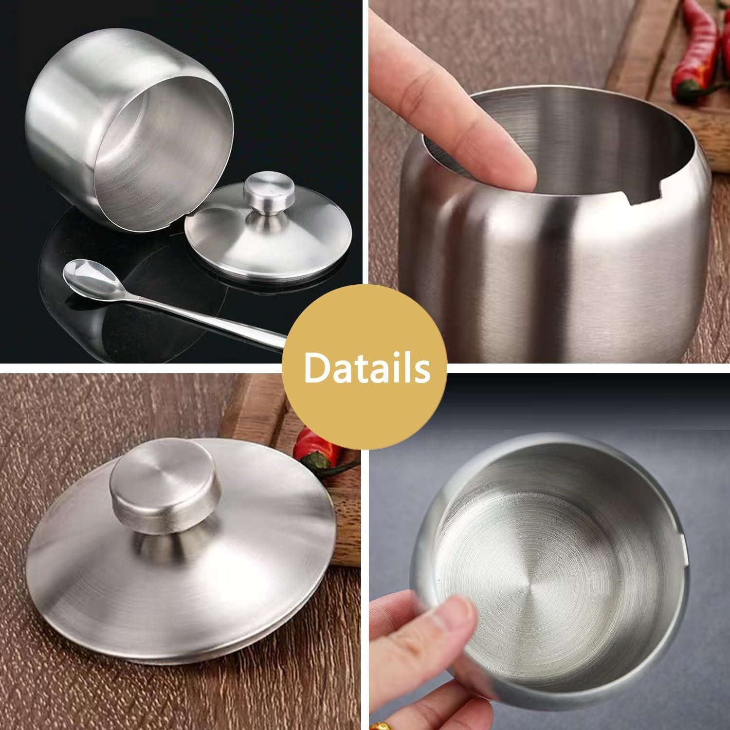 Stainless Steel Sugar Bowl, with Lid and Spoon, Silver, Round, Geometric Pattern, Durable, Rust Resistant, Dishwasher Safe, Home and Kitchen Storage