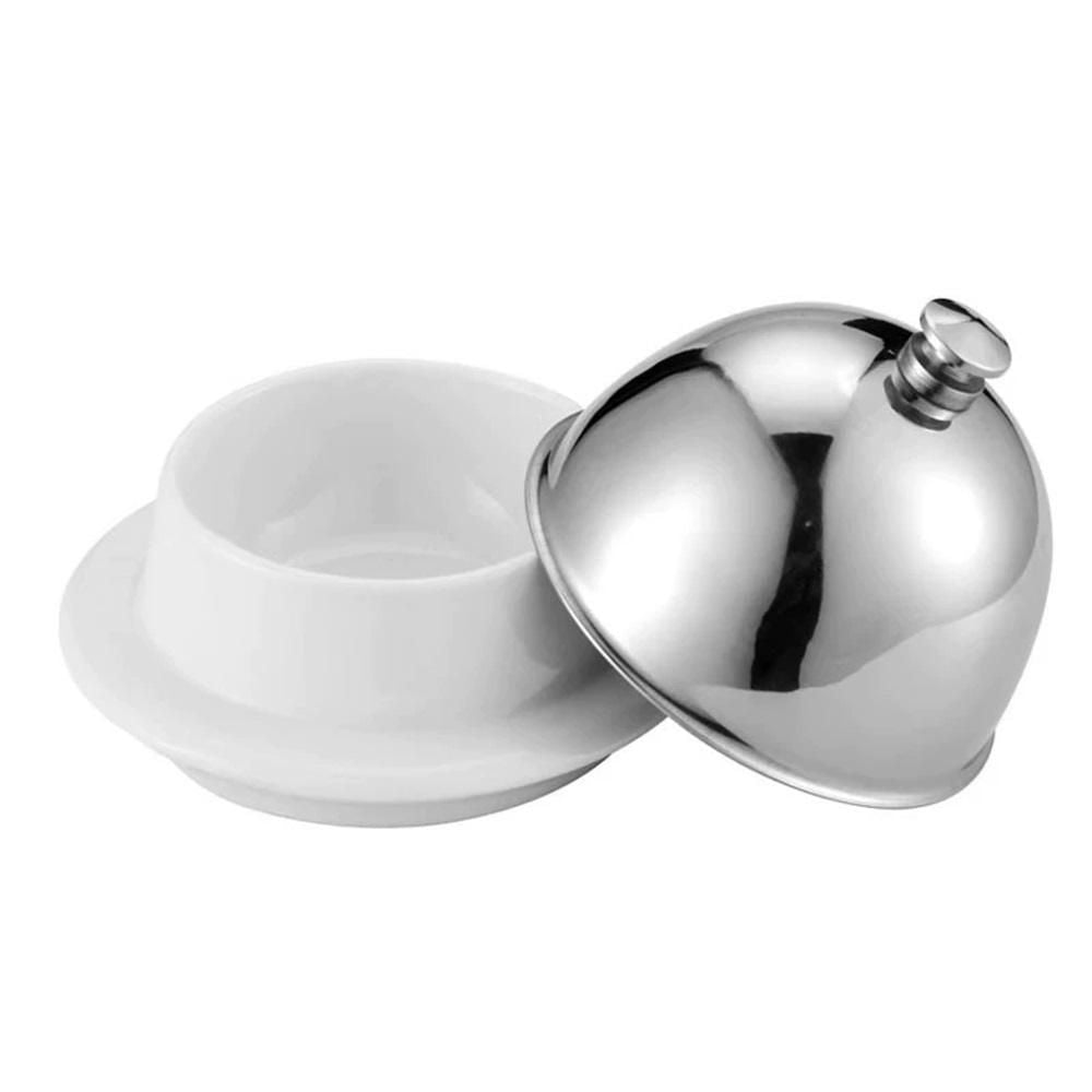 Ceramic Butter Dish with Stainless Dome Cover, Cheese Dish with Lid, Small Cheese Plate Serving Tray with Silver Handled Lid for Countertop, Dessert, Cupcake