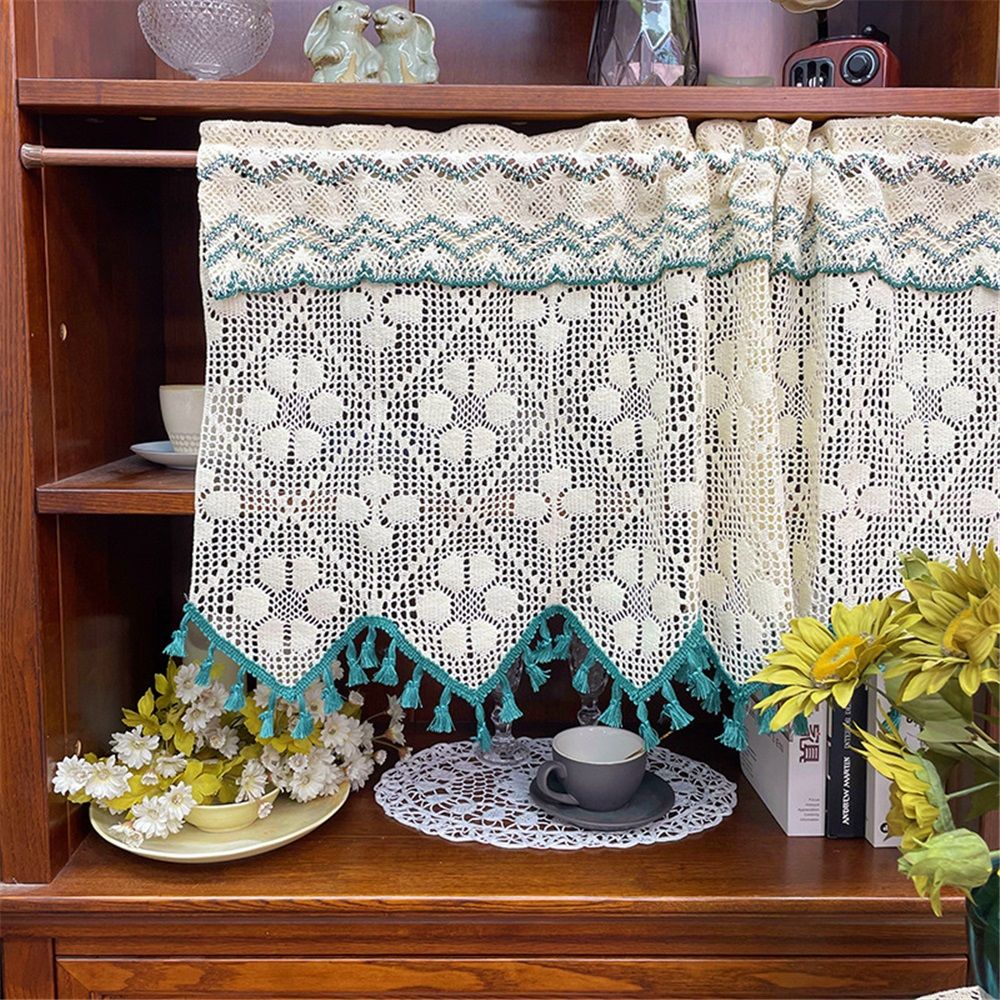 Vintage  countryside cotton thread hook flower lace cabinet curtain door curtain partition window kitchen cabinet half curtain short curtain（150*50cm）