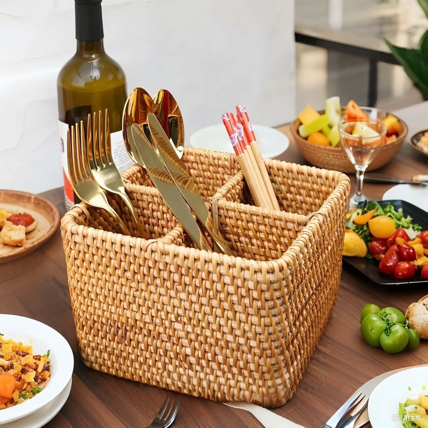 Natural Rattan 4 Compartments Cooking Utensil Silverware Organizer Holder Cosmetics Storage Box Cutlery Caddy Flatware Serving Basket