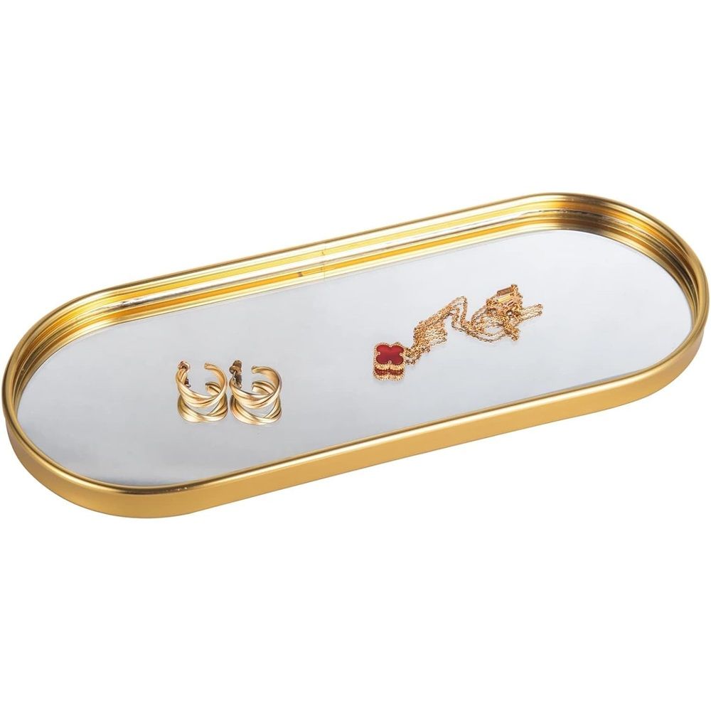 Mirrored Bathroom Vanity Tray,Gold Decorative Organizer Tray, Jewelry Perfume Trays for Dresser Makeup Holder for Women (Oval-medium size)