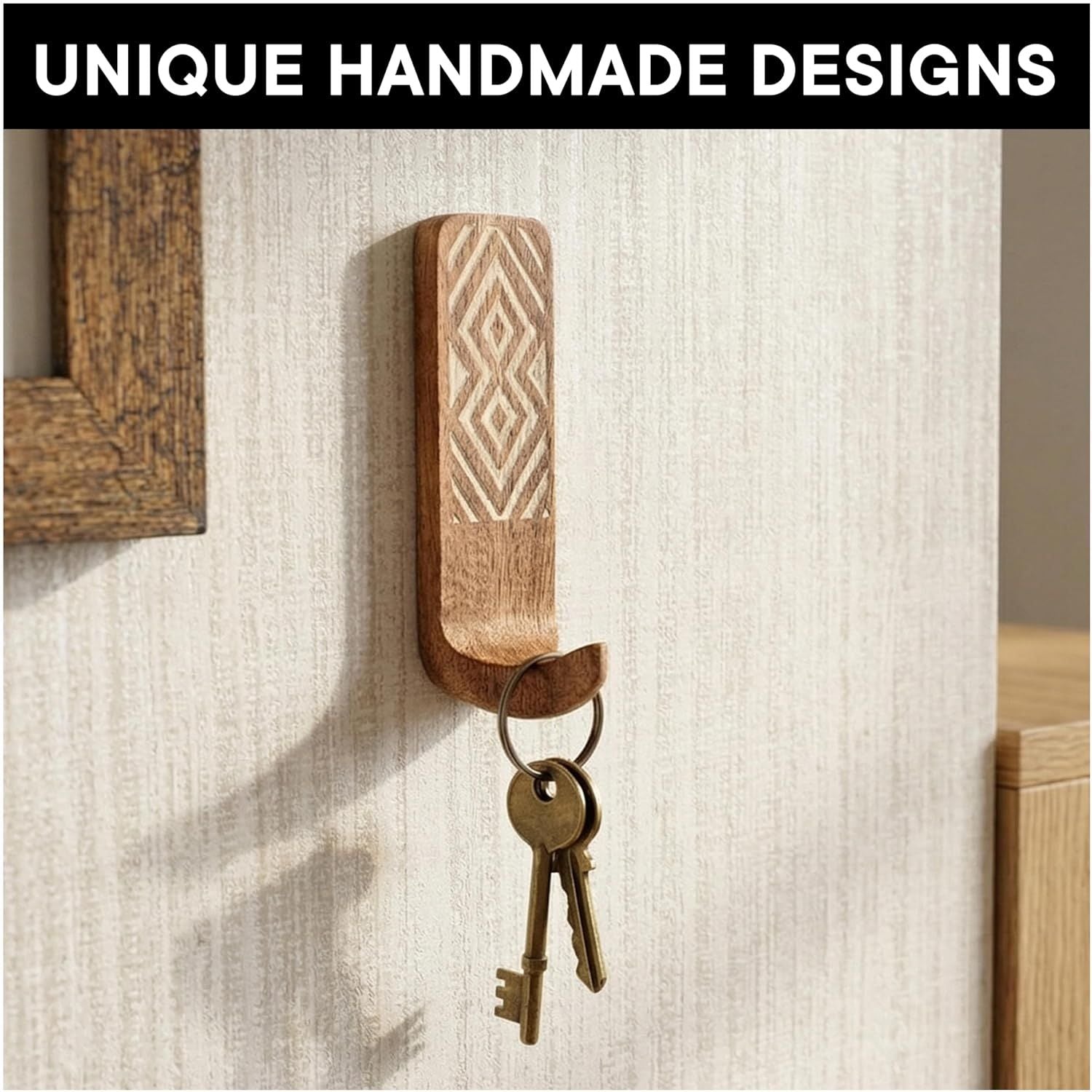 Shelf Boho Decorative Wood Adhesive Wall Hooks for Hanging Coats, Keys, Leash, Hat, Towel Holder, Cute Sticky Key Holder,  (3 Hooks )