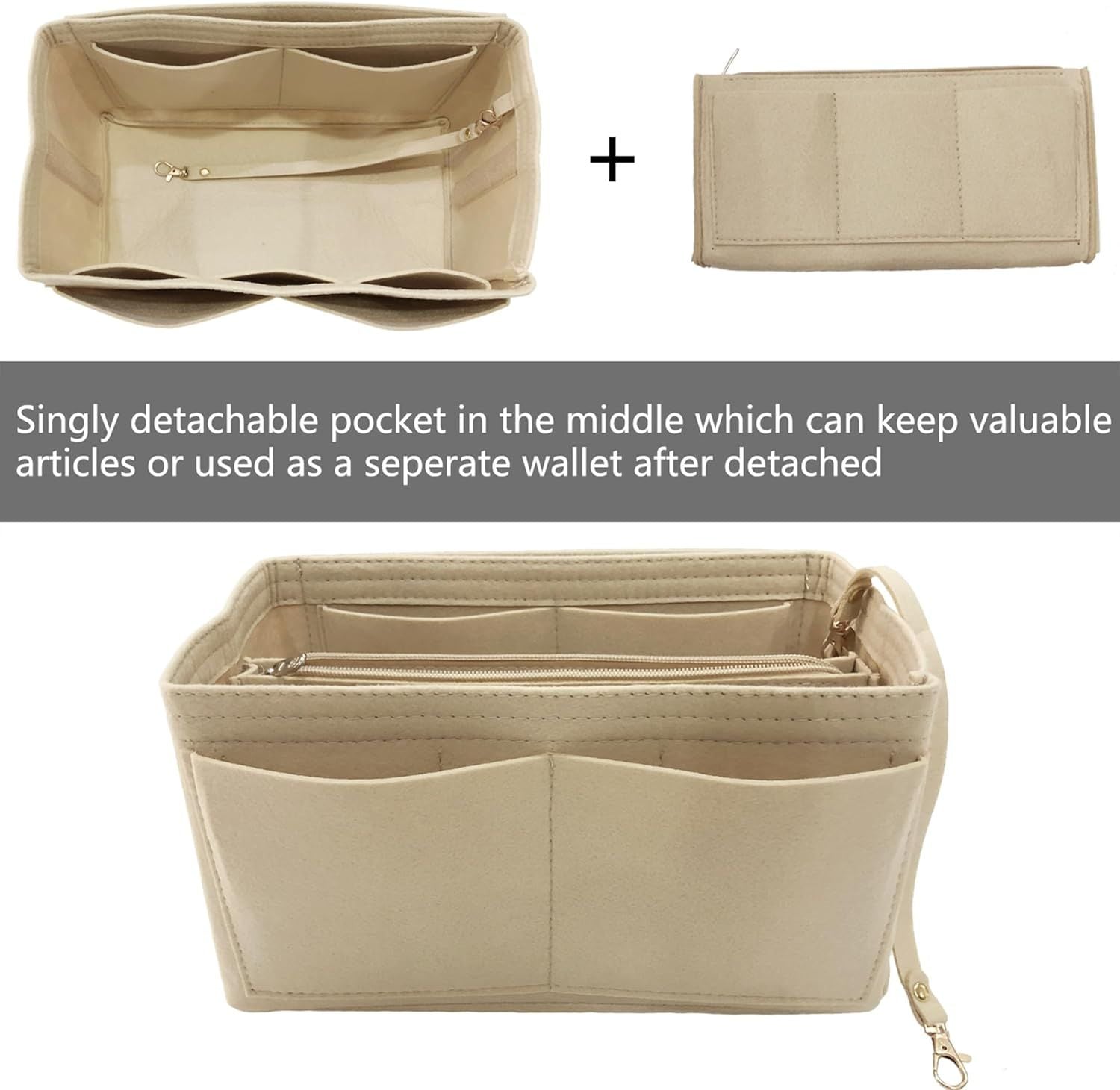 Purse Organizer Insert,  Wallet storage bag inserted into handbag storage bag, （beige22*11*13cm）