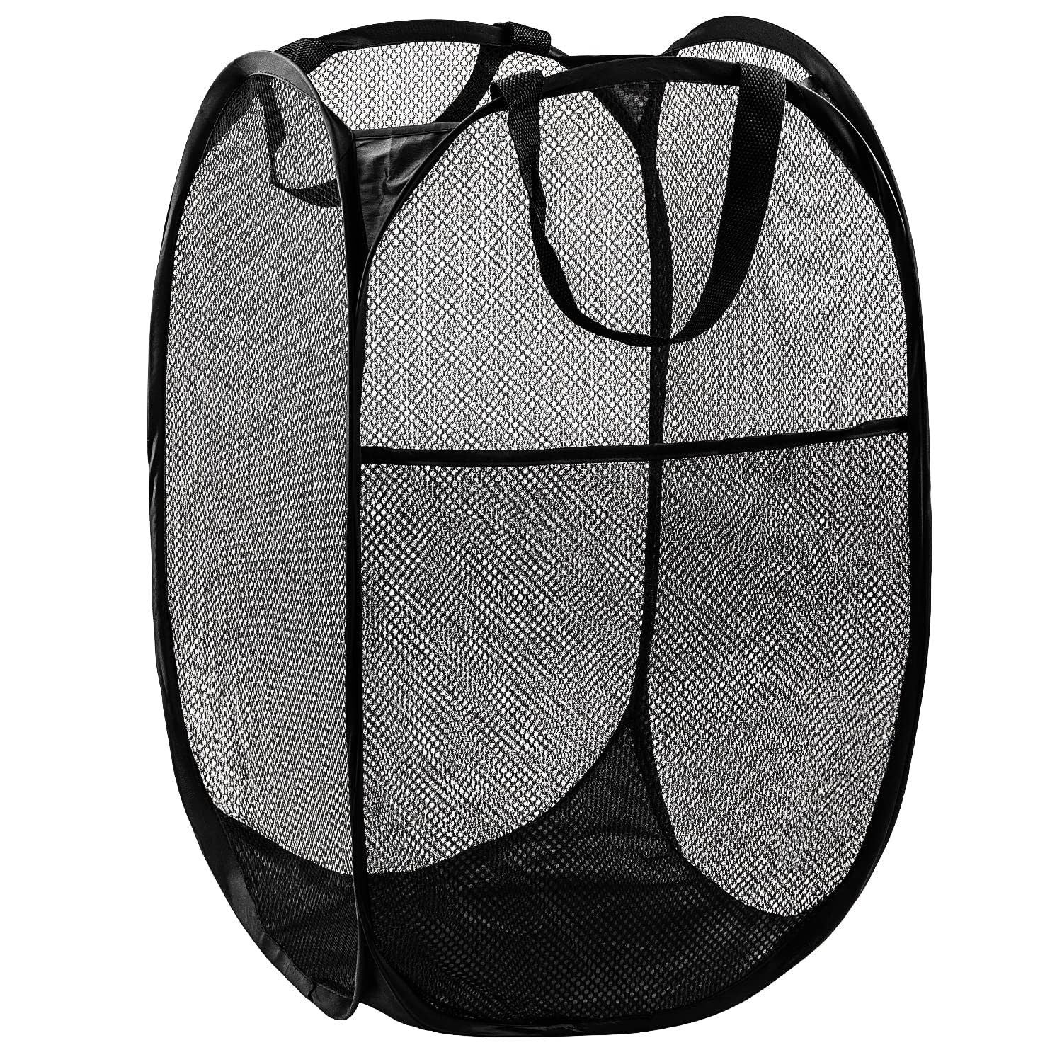 Popup Mesh Laundry Basket, Collapsible and Portable Clothes Washing Laundry Hamper with Reinforced Carry Handle (Black 2pcs)