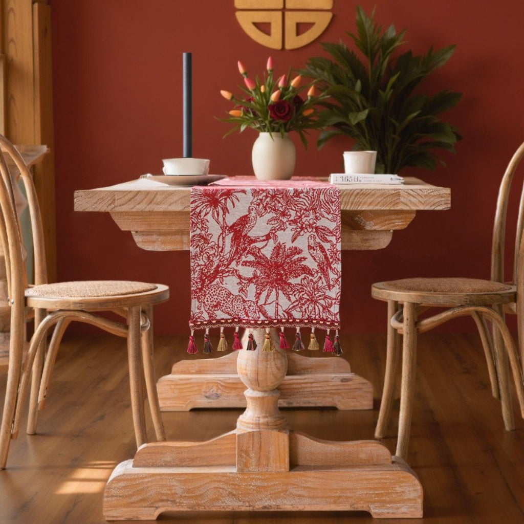 Jacquard red holiday decoration plant table flag tassel tea flag dining flag long strip  for Outdoor Home Party Dining Room Coffee Decor（Red Coconut Tree 33-140cm）