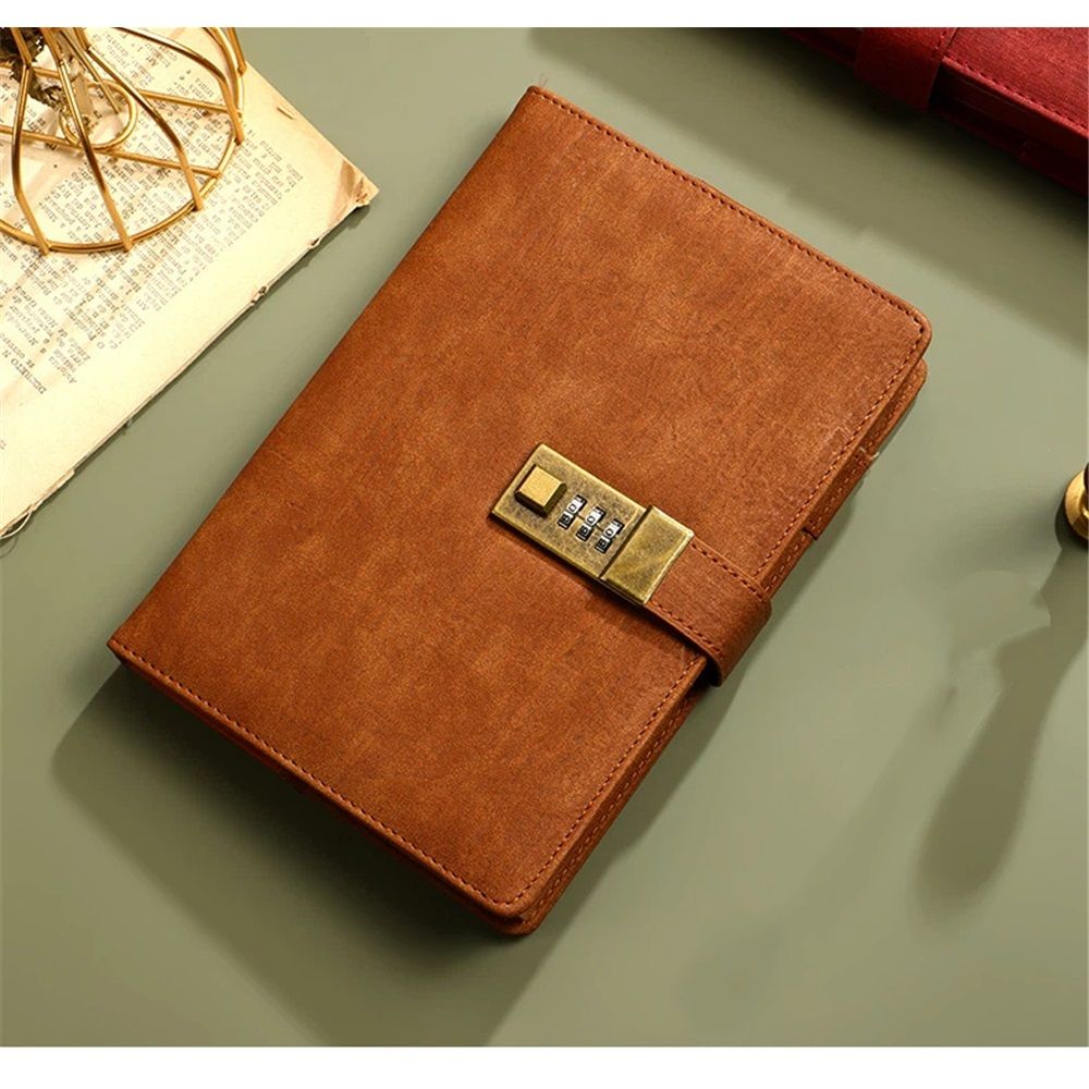 A5  Leather Journal with Lock 112 Pages, Vintage Locks Journal Password Notebook with Pen, Locks Diary Planner Organizer for Men and Women, brown