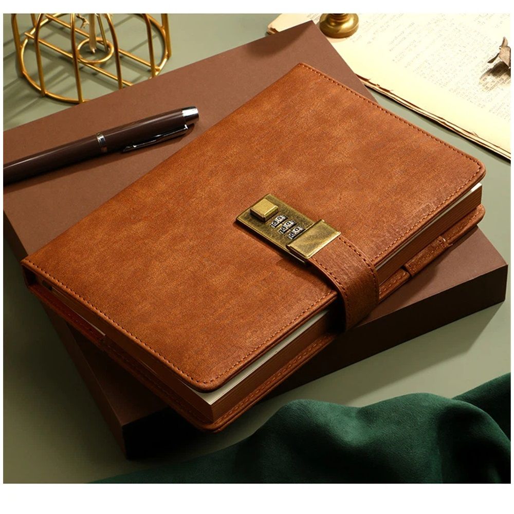 A5  Leather Journal with Lock 112 Pages, Vintage Locks Journal Password Notebook with Pen, Locks Diary Planner Organizer for Men and Women, brown