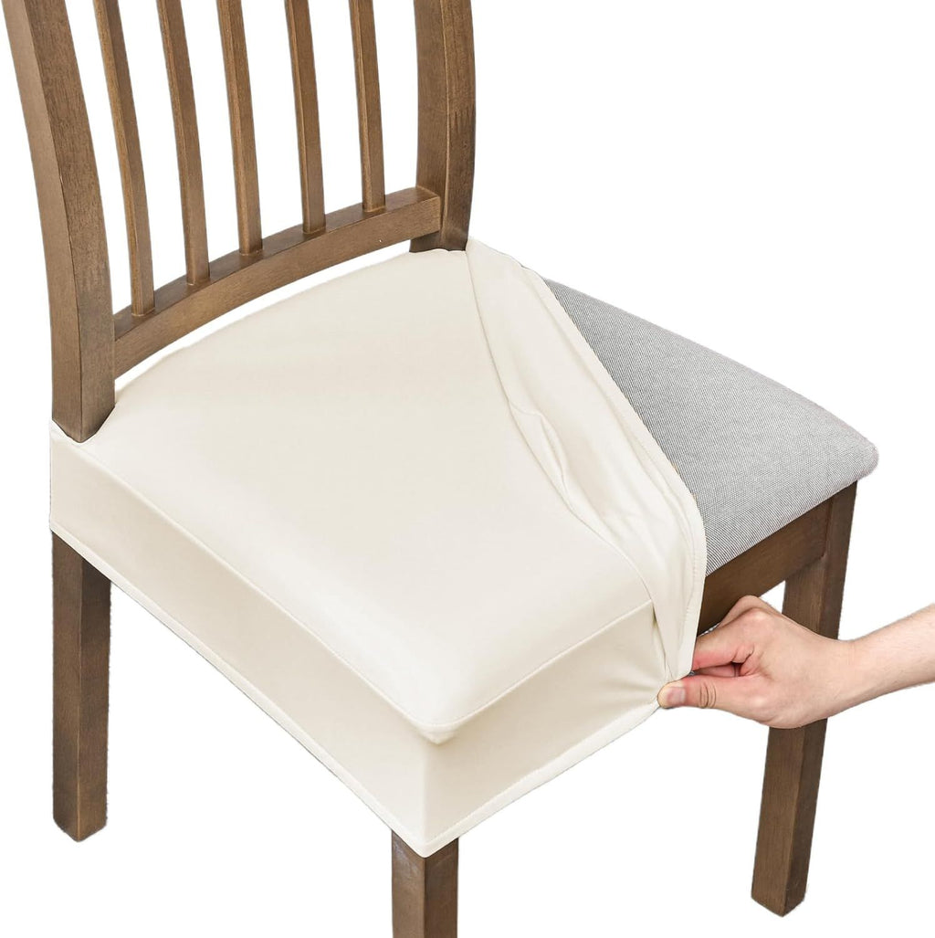 Waterproof Pu Leather Seat Covers for Dining Room Chairs Set of 4, Stretch Fit Removable Washable Kitchen Chair Seat Slipcovers Protector, white