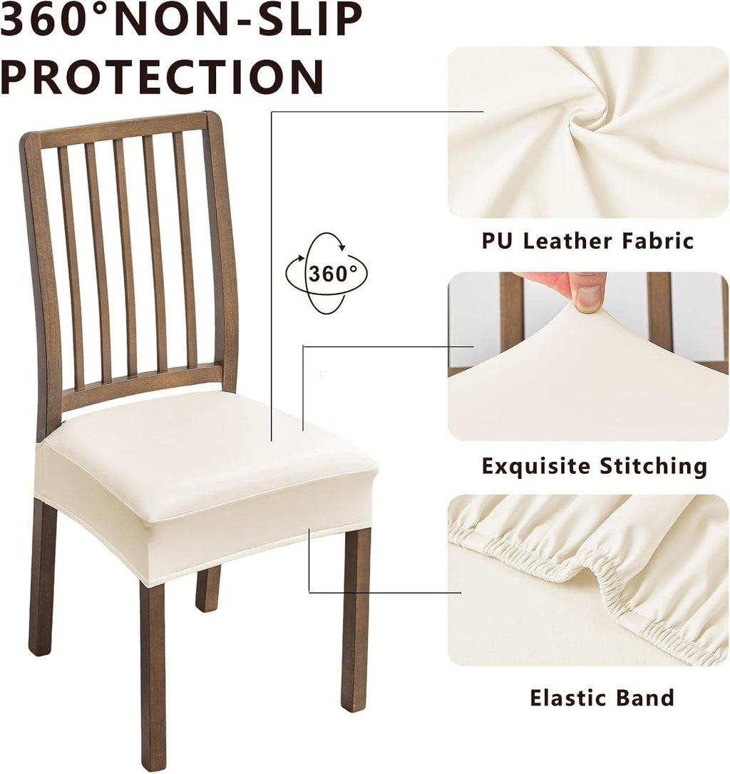 Waterproof Pu Leather Seat Covers for Dining Room Chairs Set of 4, Stretch Fit Removable Washable Kitchen Chair Seat Slipcovers Protector, white