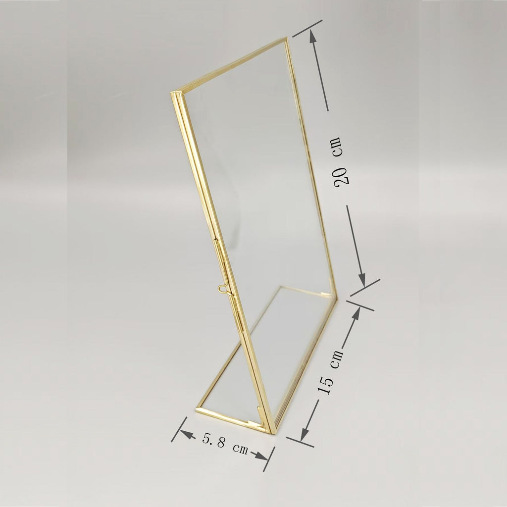 Golden floating photo frame, glass photo frame decoration, desktop stand with tilted bracket, used for pictures, floral art, souvenirs, home office wedding decoration（15*20*5.8cm）