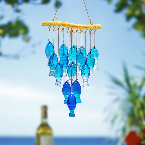 23" Blue Glass Sea Wind Chimes - Handcrafted Fish Wind Chimes for Outside, Beach Party & Wedding Decor