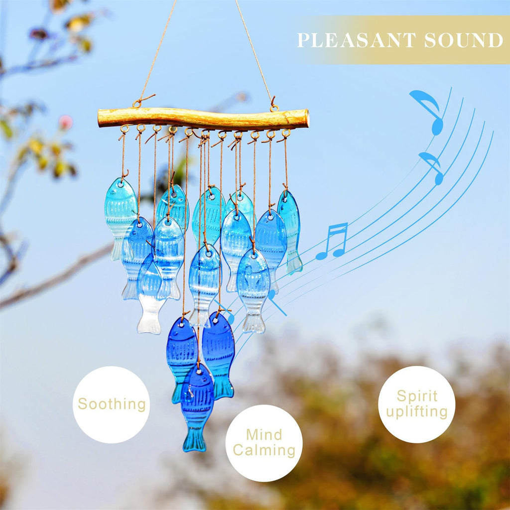 23" Blue Glass Sea Wind Chimes - Handcrafted Fish Wind Chimes for Outside, Beach Party & Wedding Decor