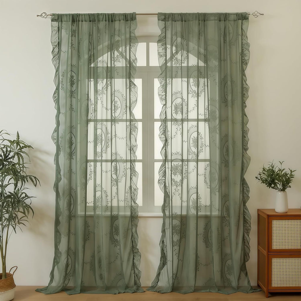 Green Lace Curtain Ruffles Sheer Curtain for Girls Bedroom Rod Pocket Voile Drapes Light Filtering Tulle for Dining Living Room, 2 Panels 140*100cm