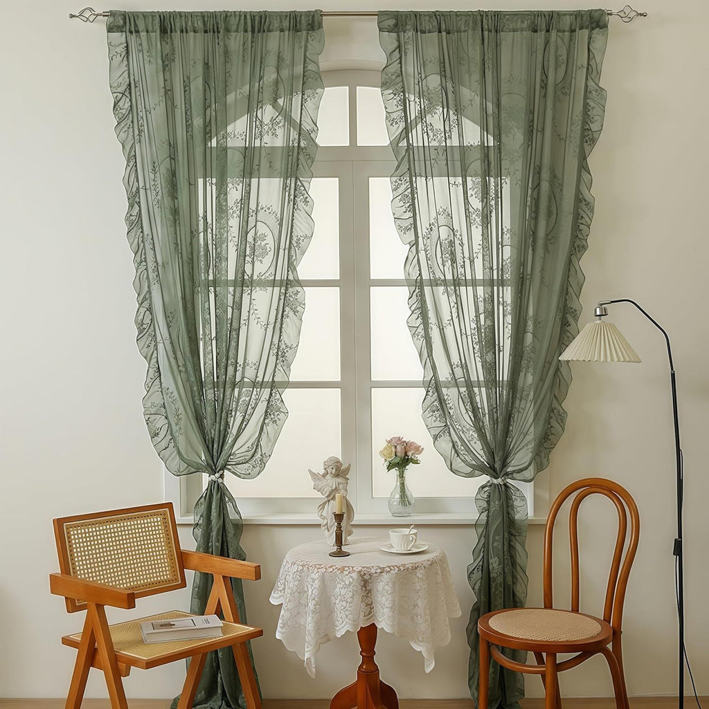 Green Lace Curtain Ruffles Sheer Curtain for Girls Bedroom Rod Pocket Voile Drapes Light Filtering Tulle for Dining Living Room, 2 Panels 140*100cm
