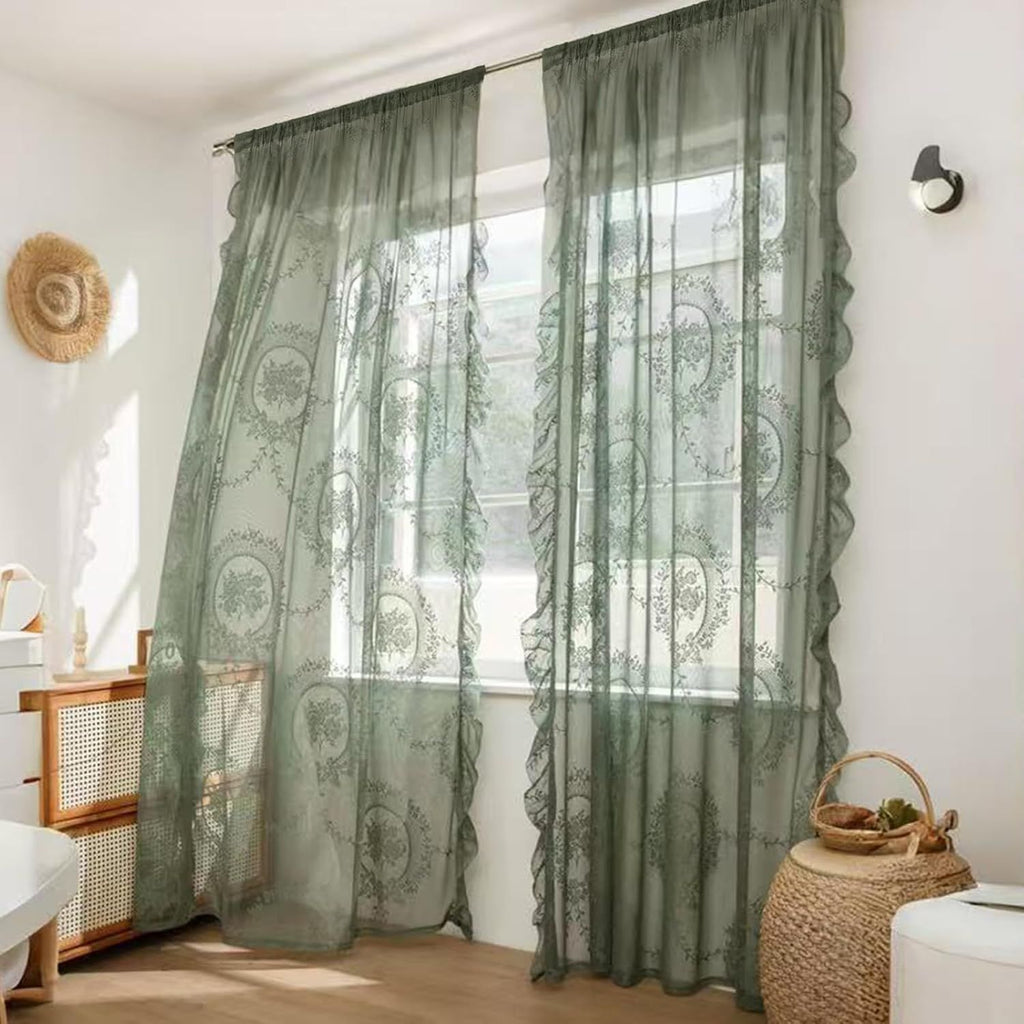 Green Lace Curtain Ruffles Sheer Curtain for Girls Bedroom Rod Pocket Voile Drapes Light Filtering Tulle for Dining Living Room, 2 Panels 140*100cm