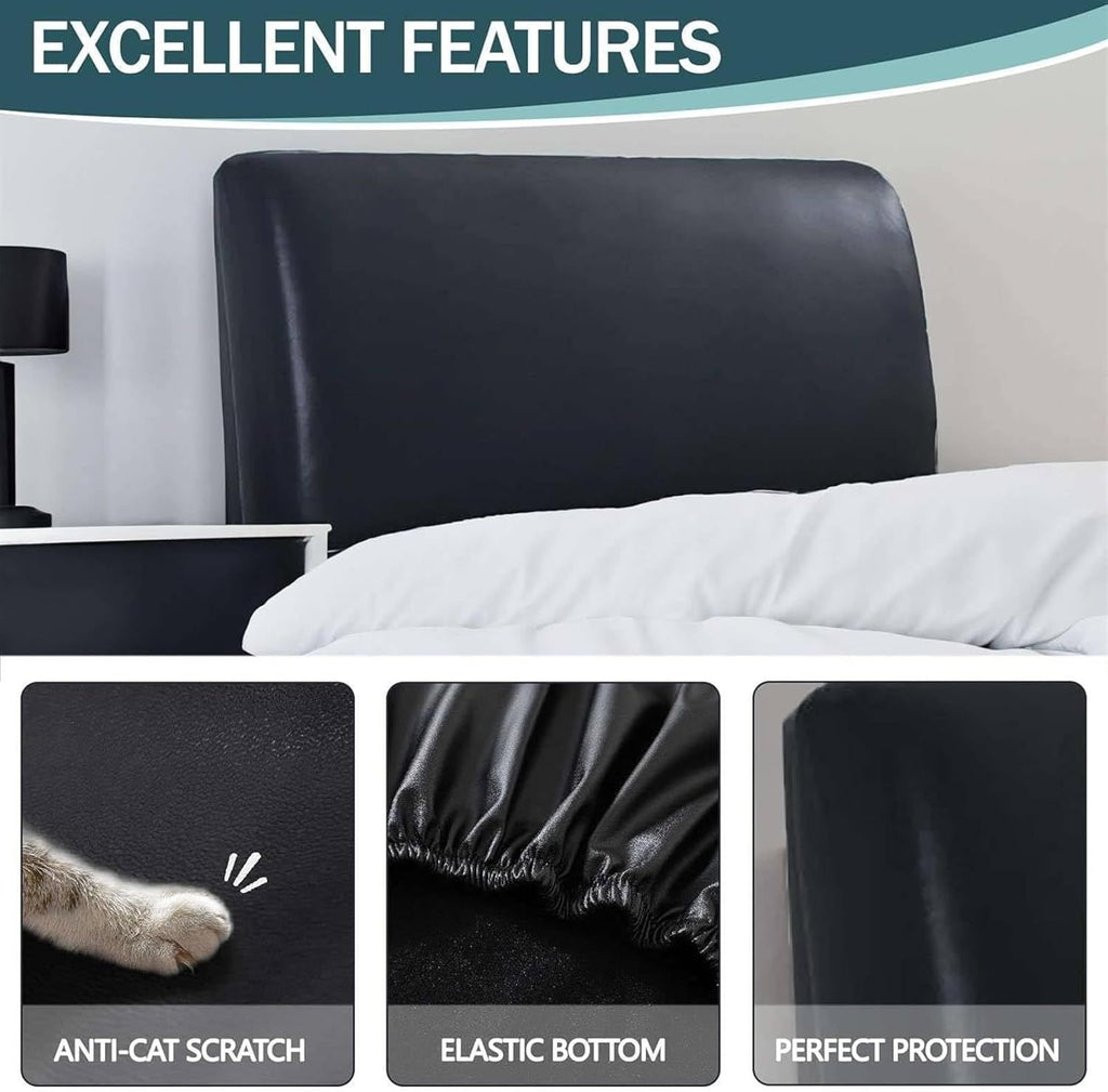 Waterproof PU Leather Stretch Bed Headboard Cover Wipeable Headboard Slipcover Dustproof Bed Head Cover for Bedroom (Black,180CM*70CM)