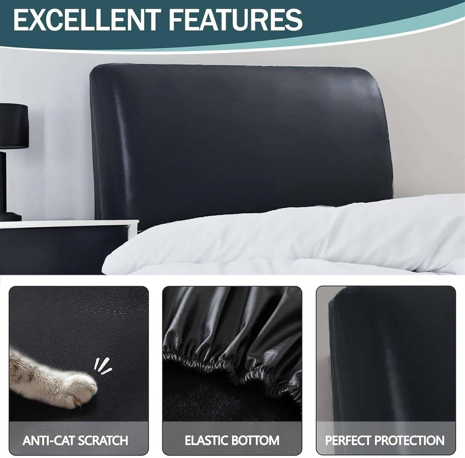 Waterproof PU Leather Stretch Bed Headboard Cover Wipeable Headboard Slipcover Dustproof Bed Head Cover for Bedroom (Black,180CM*70CM)