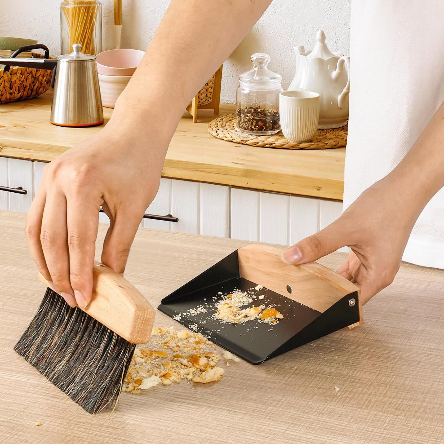 Mini Metal Dustpan and Brush Set for Sweeping Crumbs Fireplace, Natural Table Sweeper Combo Black