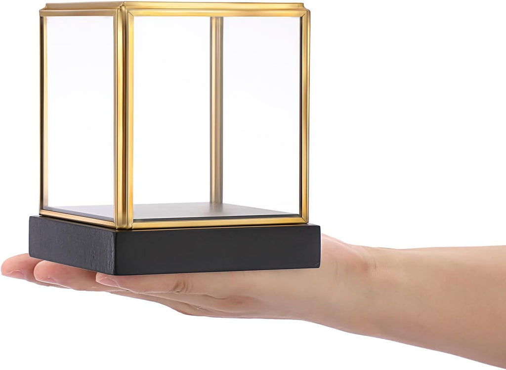 Glass Display Case for Collectibles Vintage Gold Display Box with Black Wood Base for Plants Action Figurine Models Clear Keepsake Box, Square, 3.3x3.3x3.6 Inch