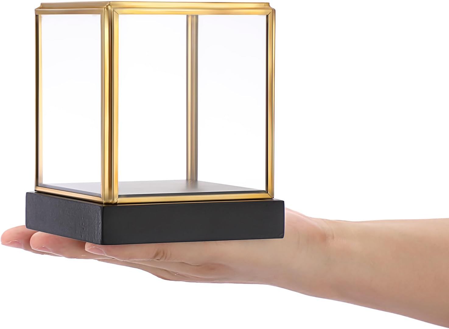 Glass Display Case for Collectibles Vintage Gold Display Box with Black Wood Base for Plants Action Figurine Models Clear Keepsake Box, Square, 3.3x3.3x3.6 Inch