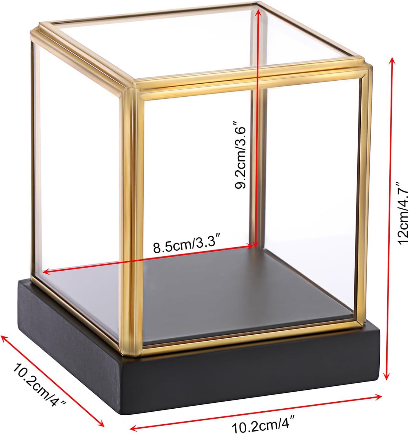 Glass Display Case for Collectibles Vintage Gold Display Box with Black Wood Base for Plants Action Figurine Models Clear Keepsake Box, Square, 3.3x3.3x3.6 Inch