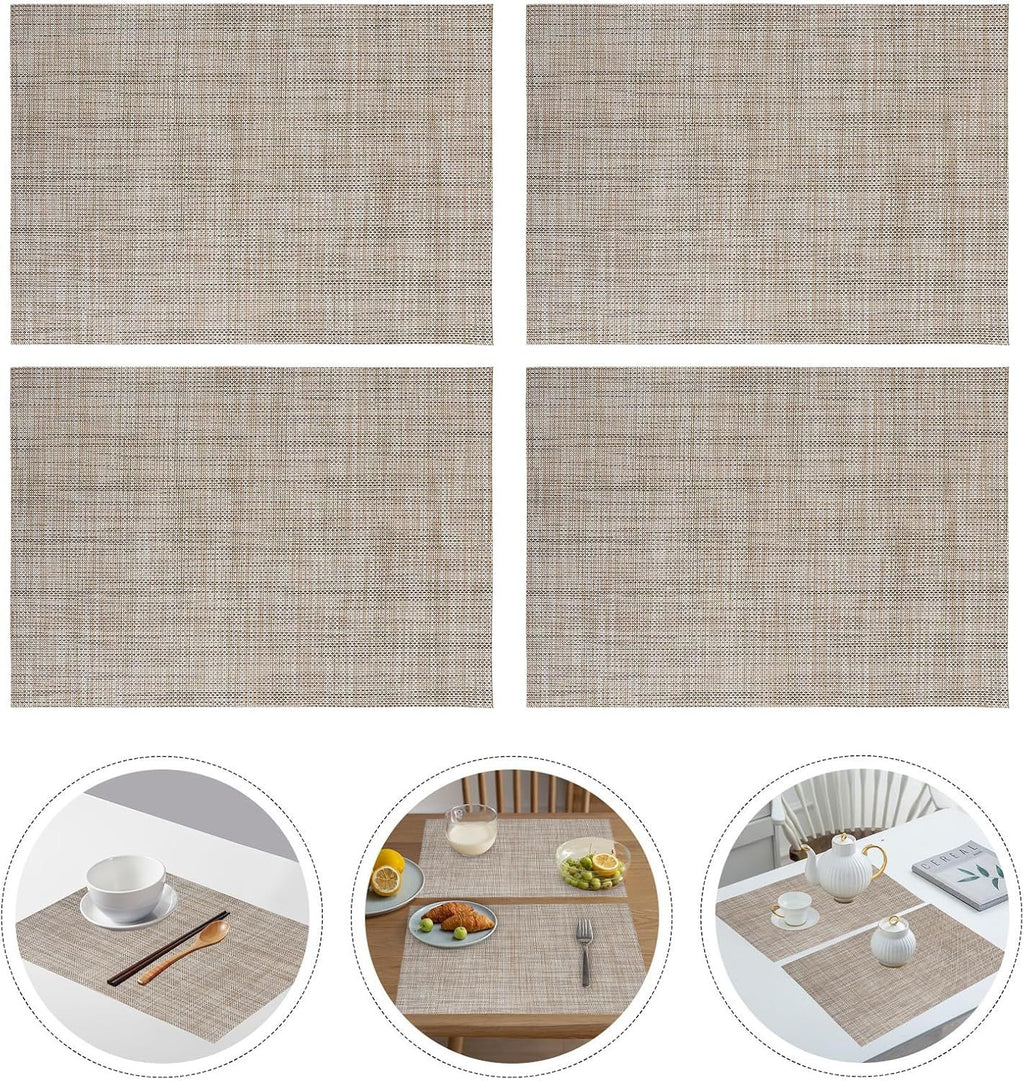 Beige Placemats Set of 4- Heat Resistant Non-Slip Place mats for Dining Table, Washable Durable PVC Woven Table Mats (Beige, 4)
