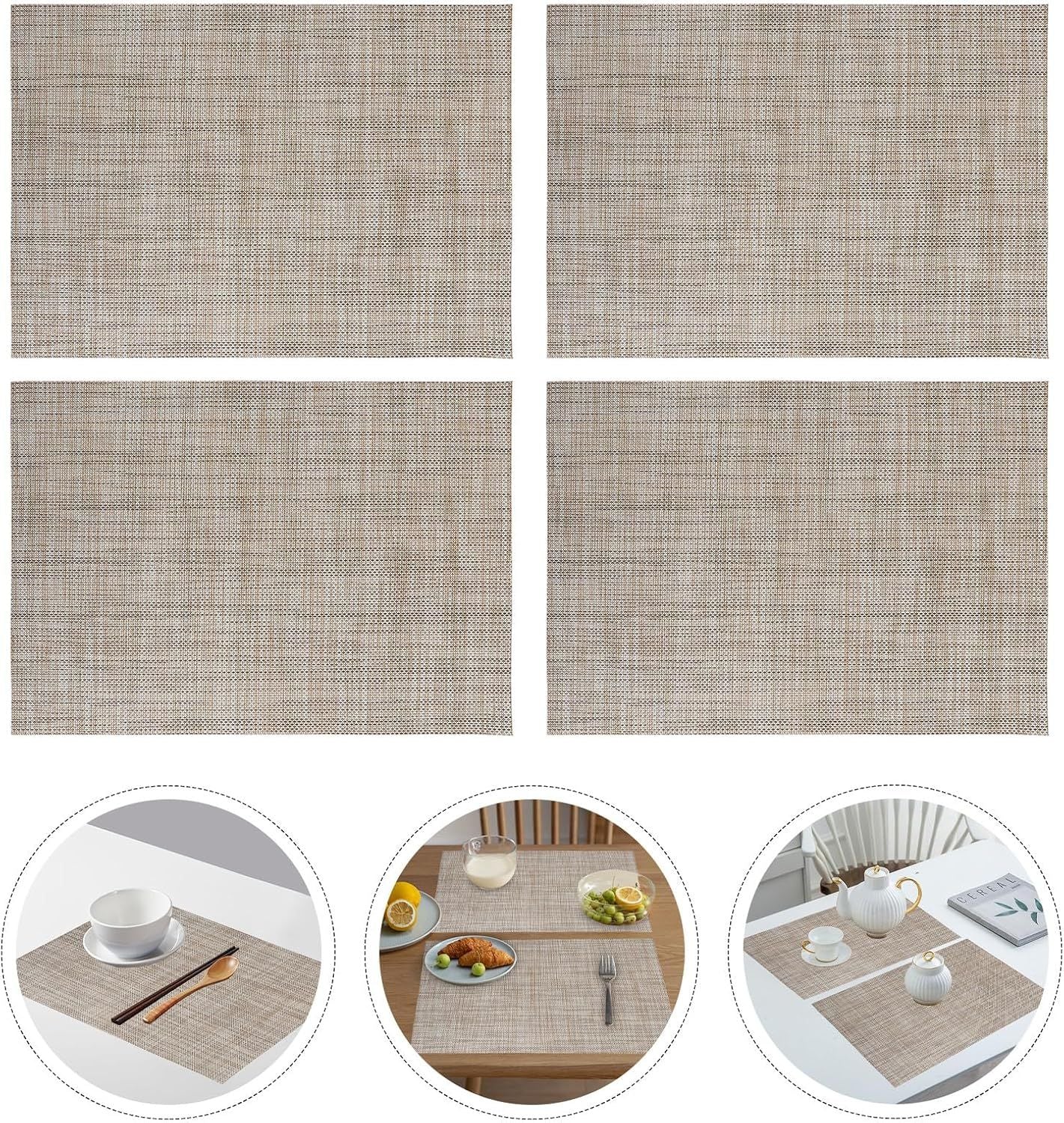 Beige Placemats Set of 4- Heat Resistant Non-Slip Place mats for Dining Table, Washable Durable PVC Woven Table Mats (Beige, 4)
