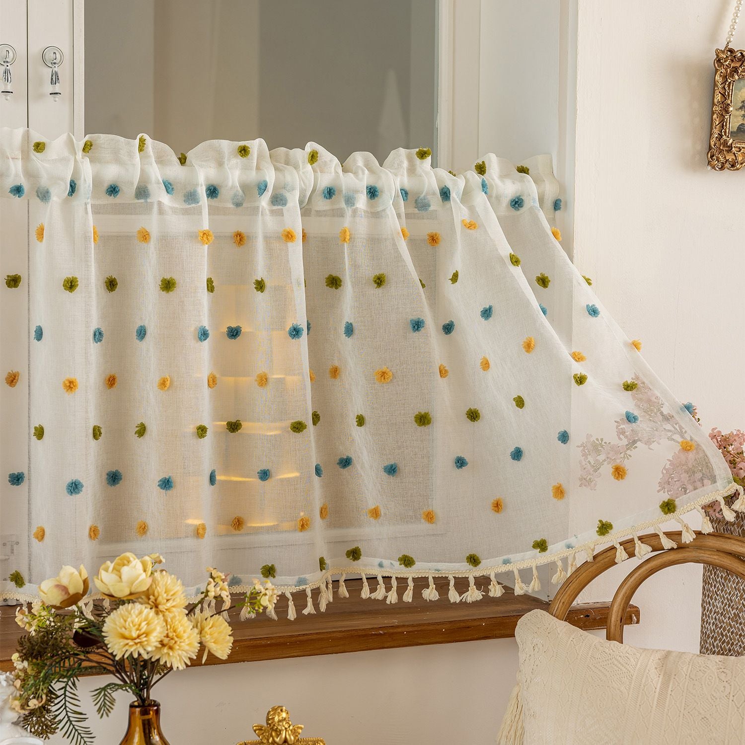 Panels Boho Kitchen Tier Curtains , Rod Pocket Small Cafe Curtain, Light Filtering Short Curtains for Living Nursery Room Bathroom (Blue green yellow，100*60cm)