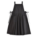Vintage Cotton Pleated Pinafore Apron Dress with Side Ties, Midi Length, Casual Homeware Style（Black）