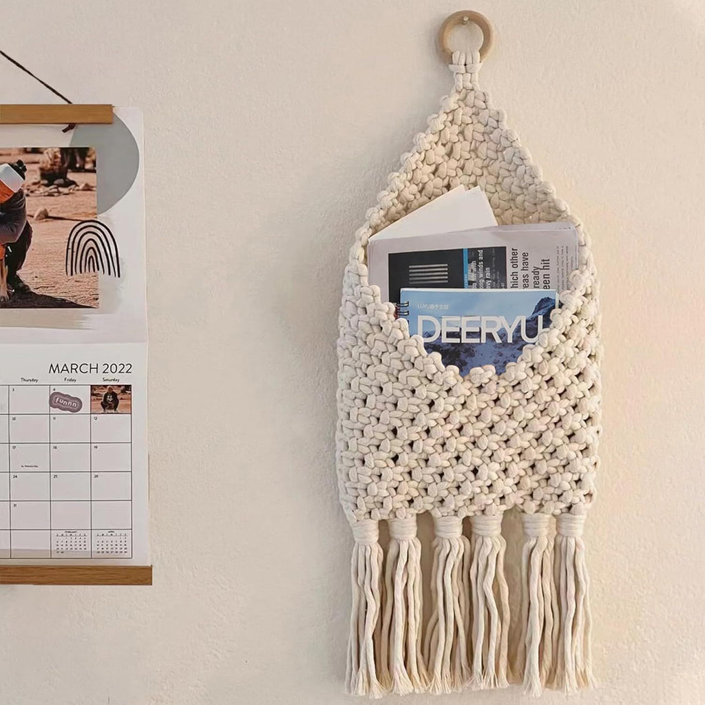 Hanging Woven Basket for Boho Home Office Decor, Over the Door Key and Mail Letter Envelope Holder for Entryway Hallway,white