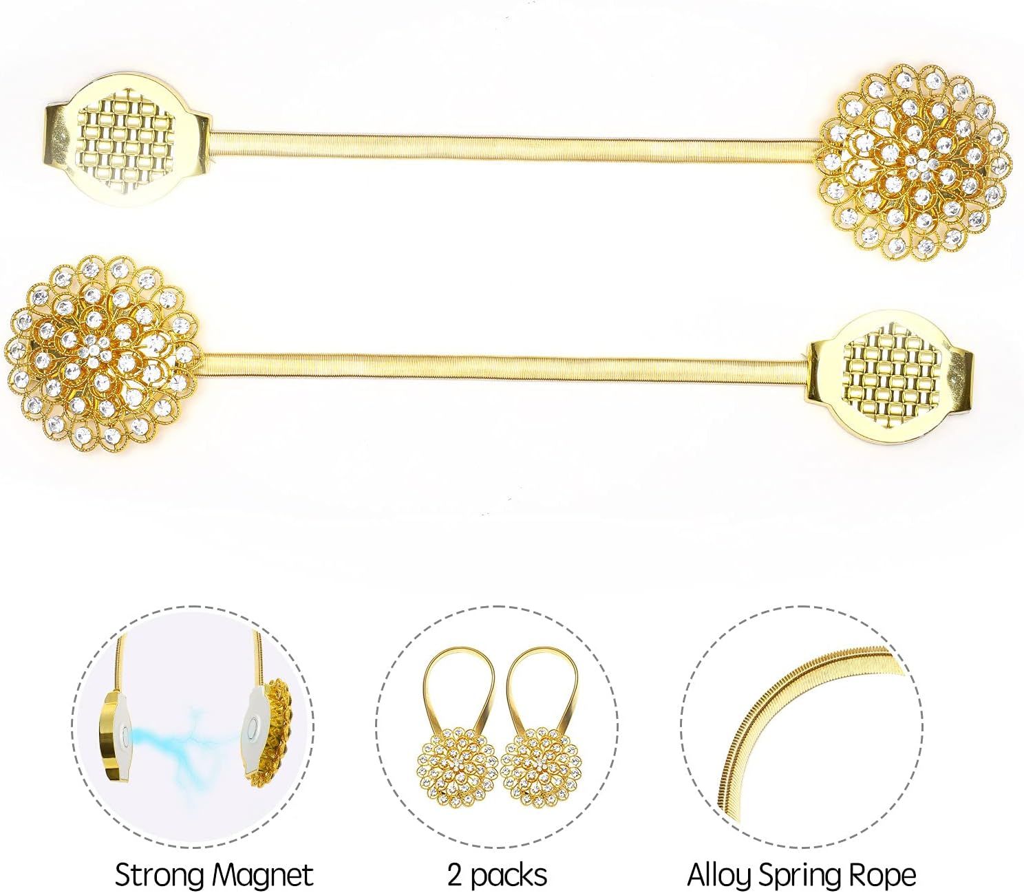 Magnetic Curtain Tiebacks ，tie Backs for Curtains 2 Pack Crystal Flower Curtain Clips for Home Office Decoration Holdbacks (Gold )