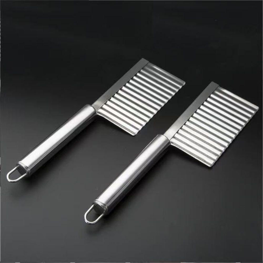 2pcs  Home Kitchen Plastic Handle Stainless Steel French Fries Potato Carrot Wavy Crinkle Cutter Slicer Handheld Chipper Chopper