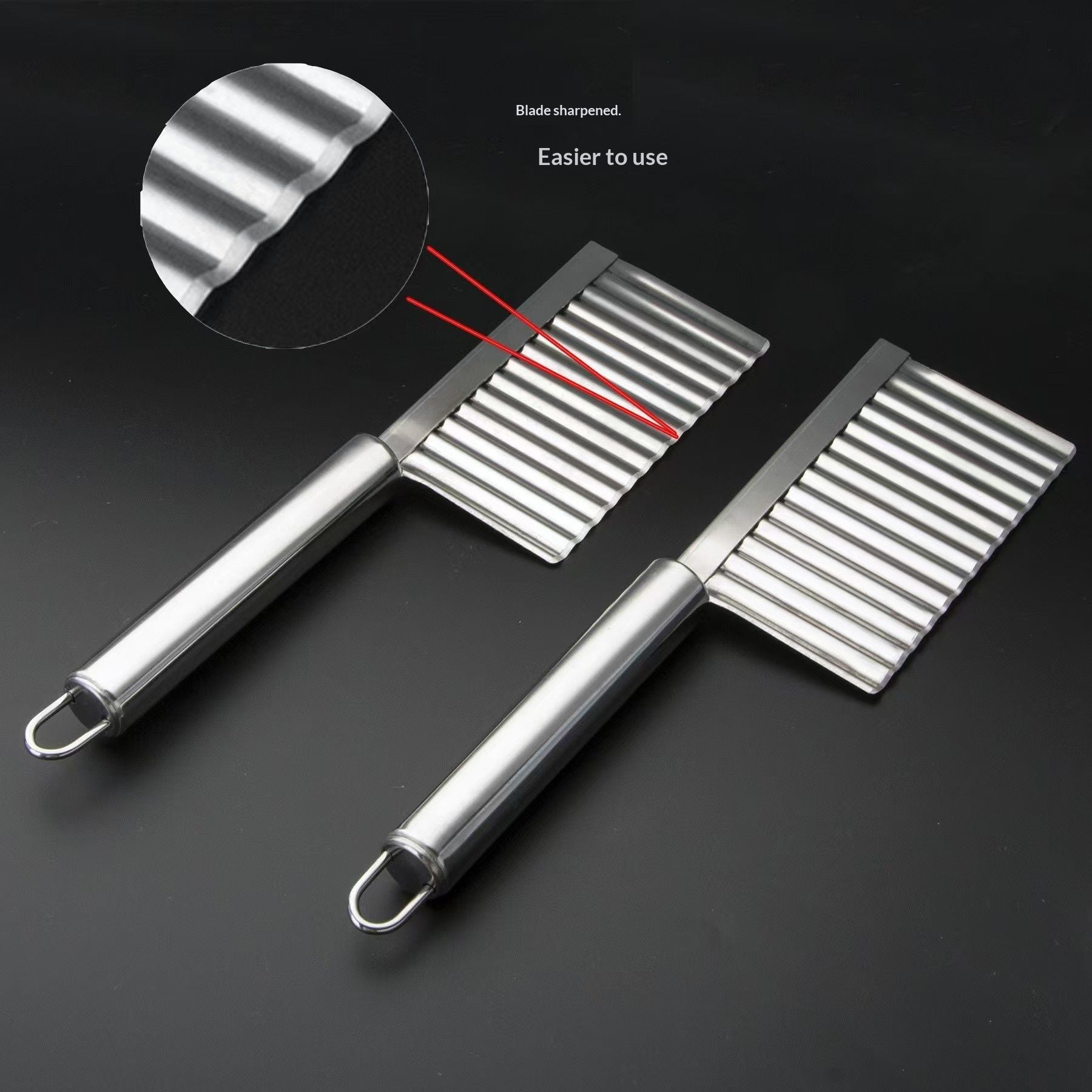 2pcs  Home Kitchen Plastic Handle Stainless Steel French Fries Potato Carrot Wavy Crinkle Cutter Slicer Handheld Chipper Chopper
