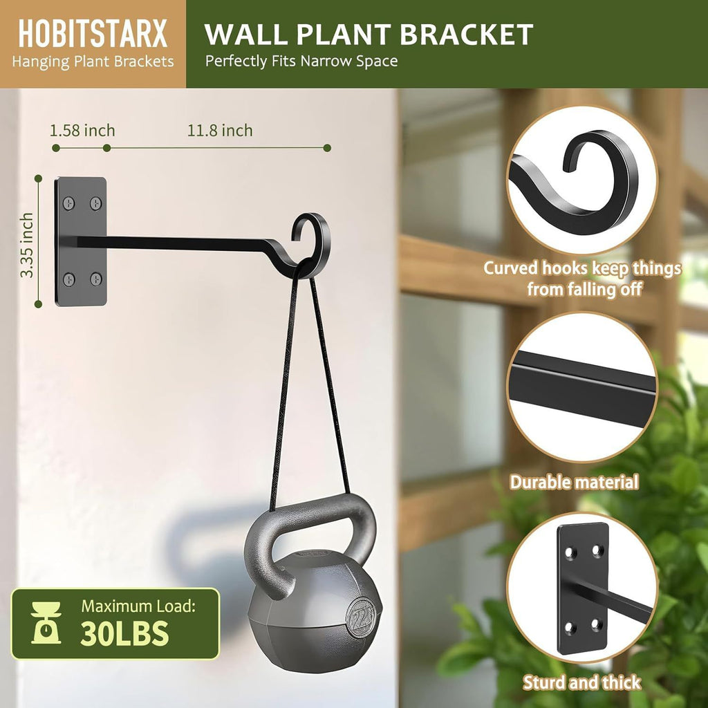 Heavy Duty Plant Hangers Outdoor- Hand-Forged Hanging Plant Brackets - 2 Pack 12 Inch Black Wrought Iron Wall Plant Hooks for Hanging Plants, Lanterns, Bird Feeders