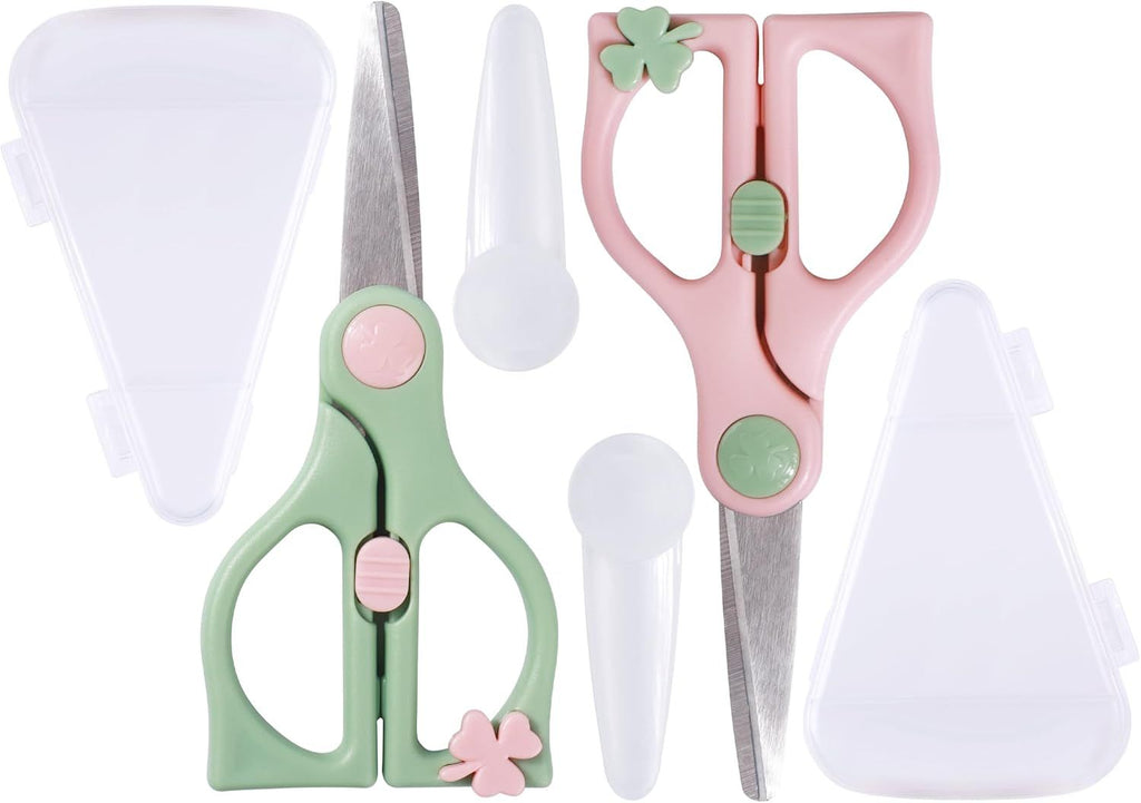 2pcs Safe stainless steel scissors for toddlers with safety lock and suitcase, the best scissors for cutting children's food, portable and healthy baby assistant (pink+Green)