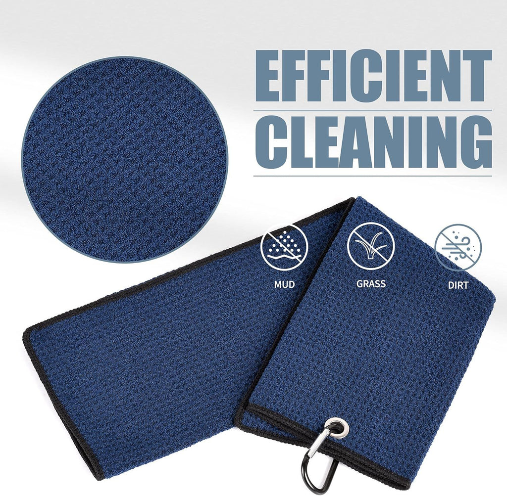 Tri-Fold Golf Towels, 2 Pack Waffle Pattern Towels Soft Fiber Strong Water Absorption with D Clip for Golf Lovers, Navy Blue