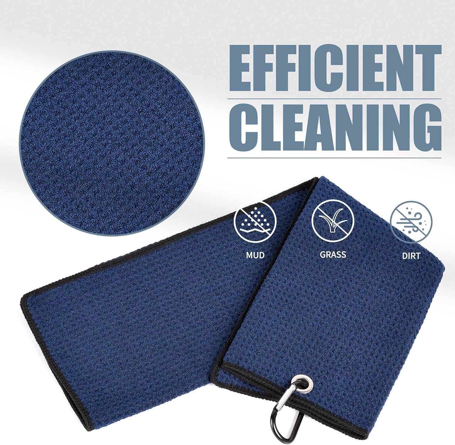 Tri-Fold Golf Towels, 2 Pack Waffle Pattern Towels Soft Fiber Strong Water Absorption with D Clip for Golf Lovers, Navy Blue