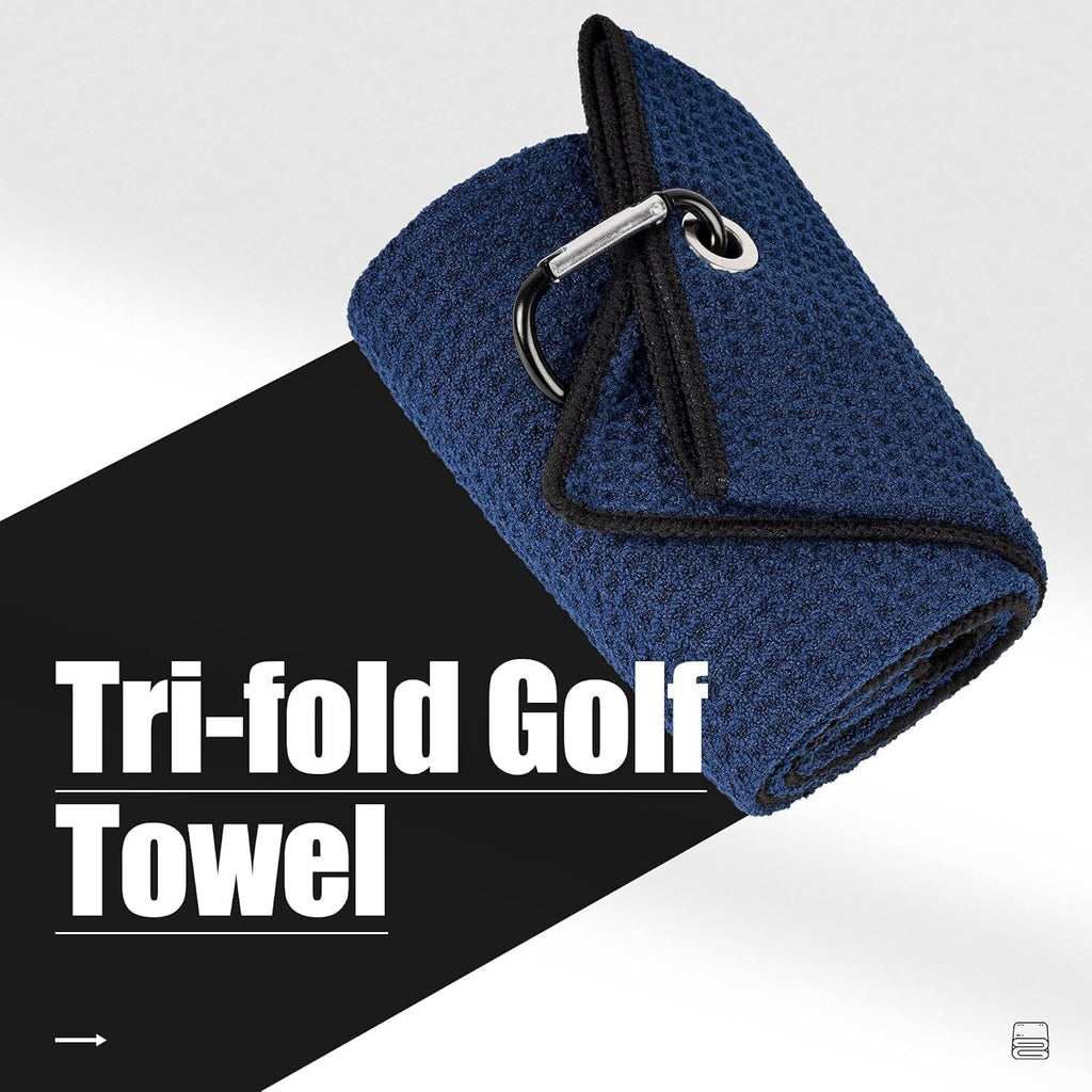 Tri-Fold Golf Towels, 2 Pack Waffle Pattern Towels Soft Fiber Strong Water Absorption with D Clip for Golf Lovers, Navy Blue
