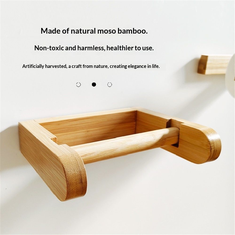 Bamboo toilet paper roll holder without drilling, natural bamboo toilet paper roll holder, ecological toilet paper dispenser（U-shaped belt stick）