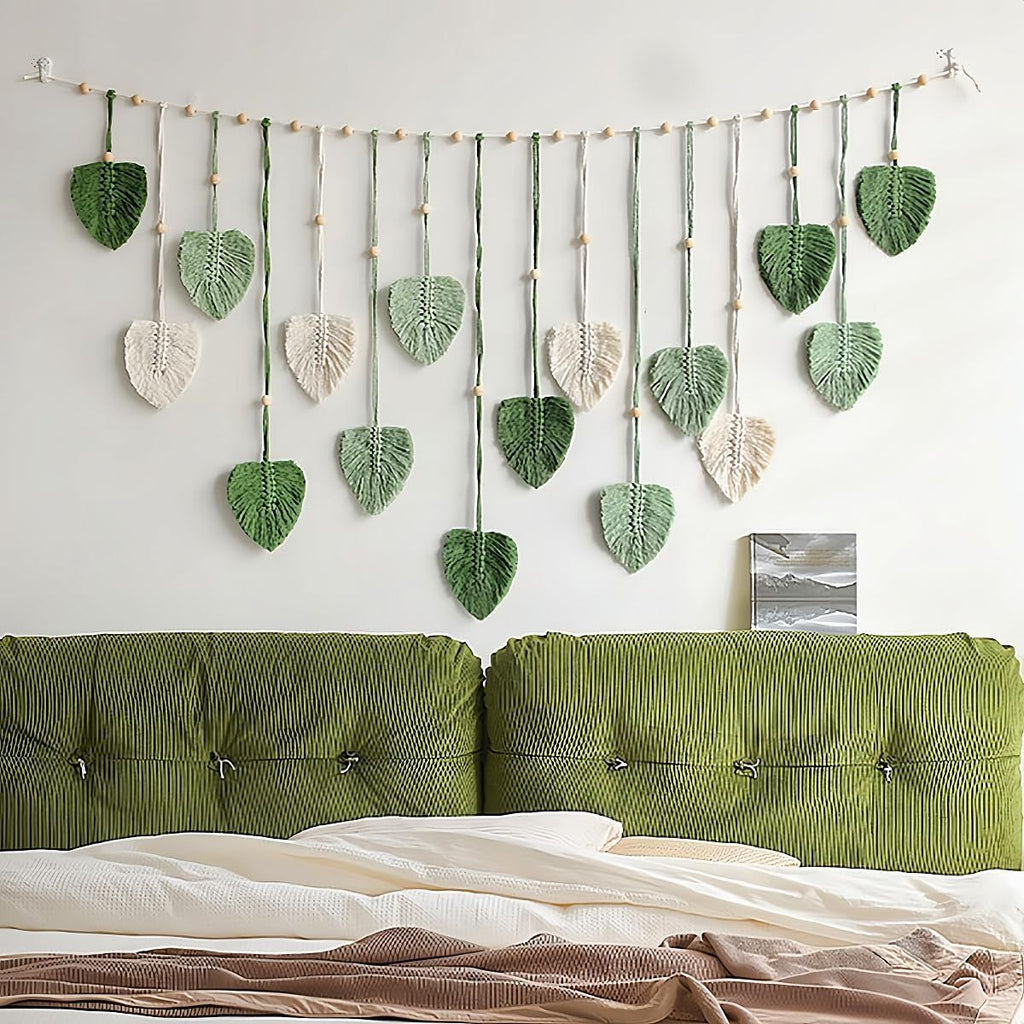 Wall Hanging Tapestry Boho Chic Home Decor Woven Green Leaf Large Tapestry Wall Art Decor Handmade Feather for Bedroom Living Room Apartment Hanging Decorations Green