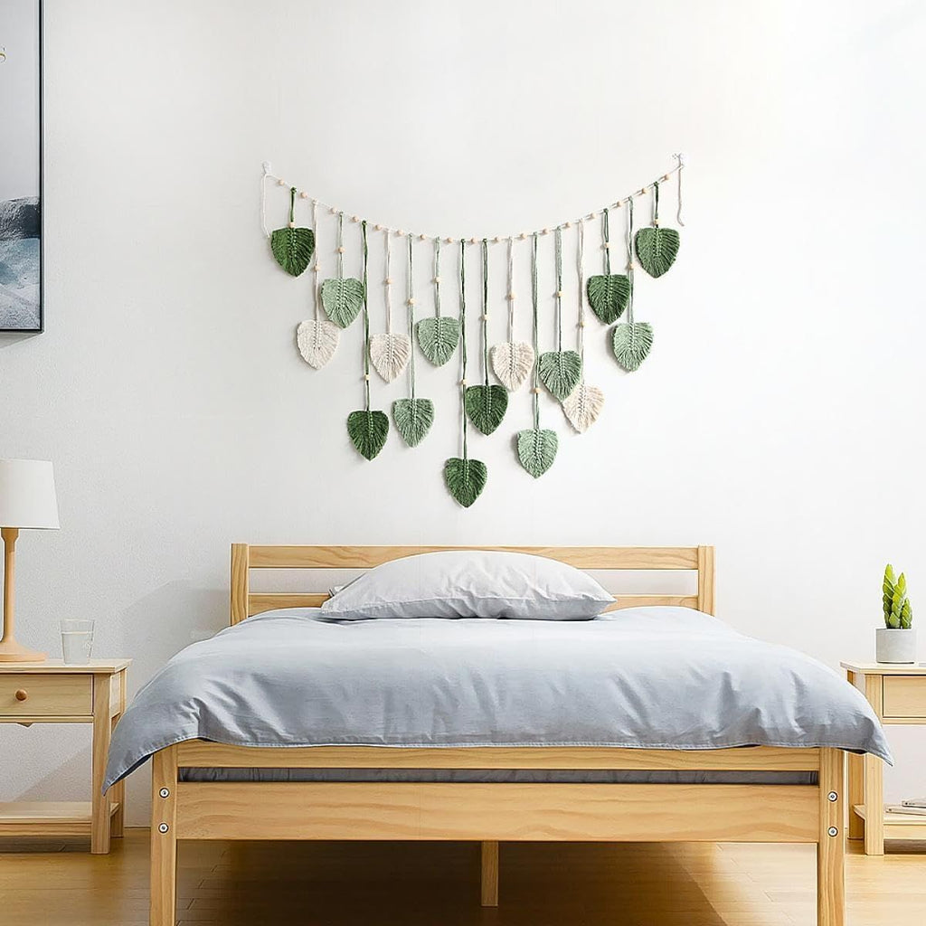 Wall Hanging Tapestry Boho Chic Home Decor Woven Green Leaf Large Tapestry Wall Art Decor Handmade Feather for Bedroom Living Room Apartment Hanging Decorations Green