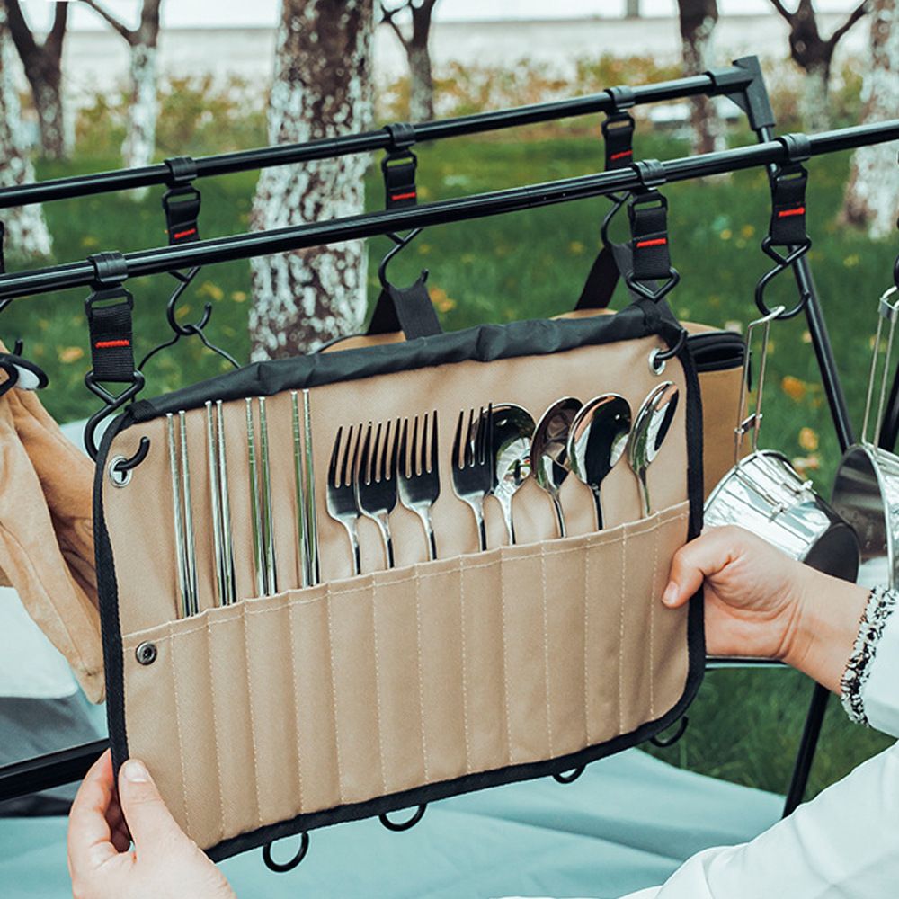 Tableware storage Tableware arranged neatly, at a glance, easy to use portable outdoor Cutlery storage jar (khaki)Storage bag only, tableware not included
