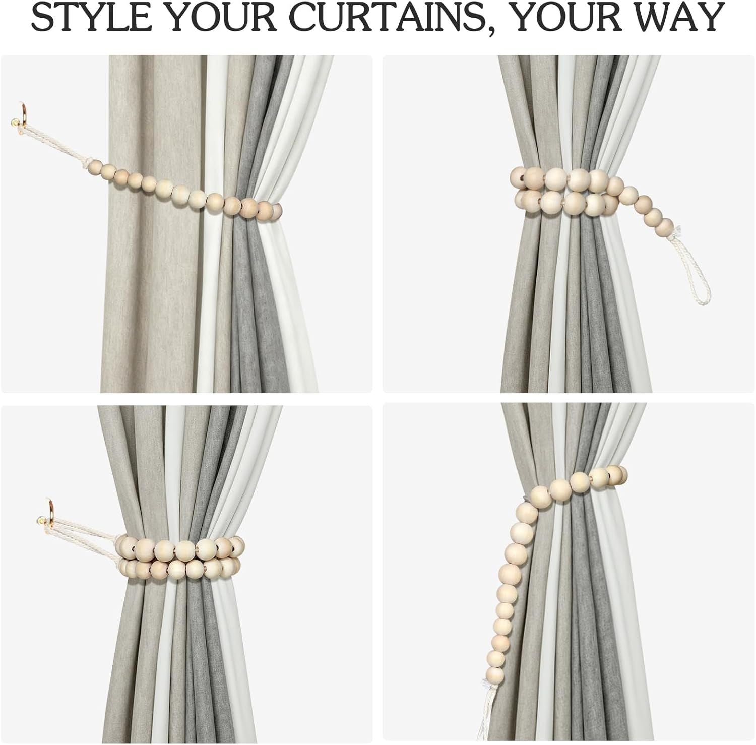 6 Pieces of Wood Bead Curtain Tieback Boho Curtain Tiebacks Curtain Holdbacks for Wall Curtain Ties Curtain Tie Backs with Hooks for Boho Decor Bedroom Decor Nursery Decor