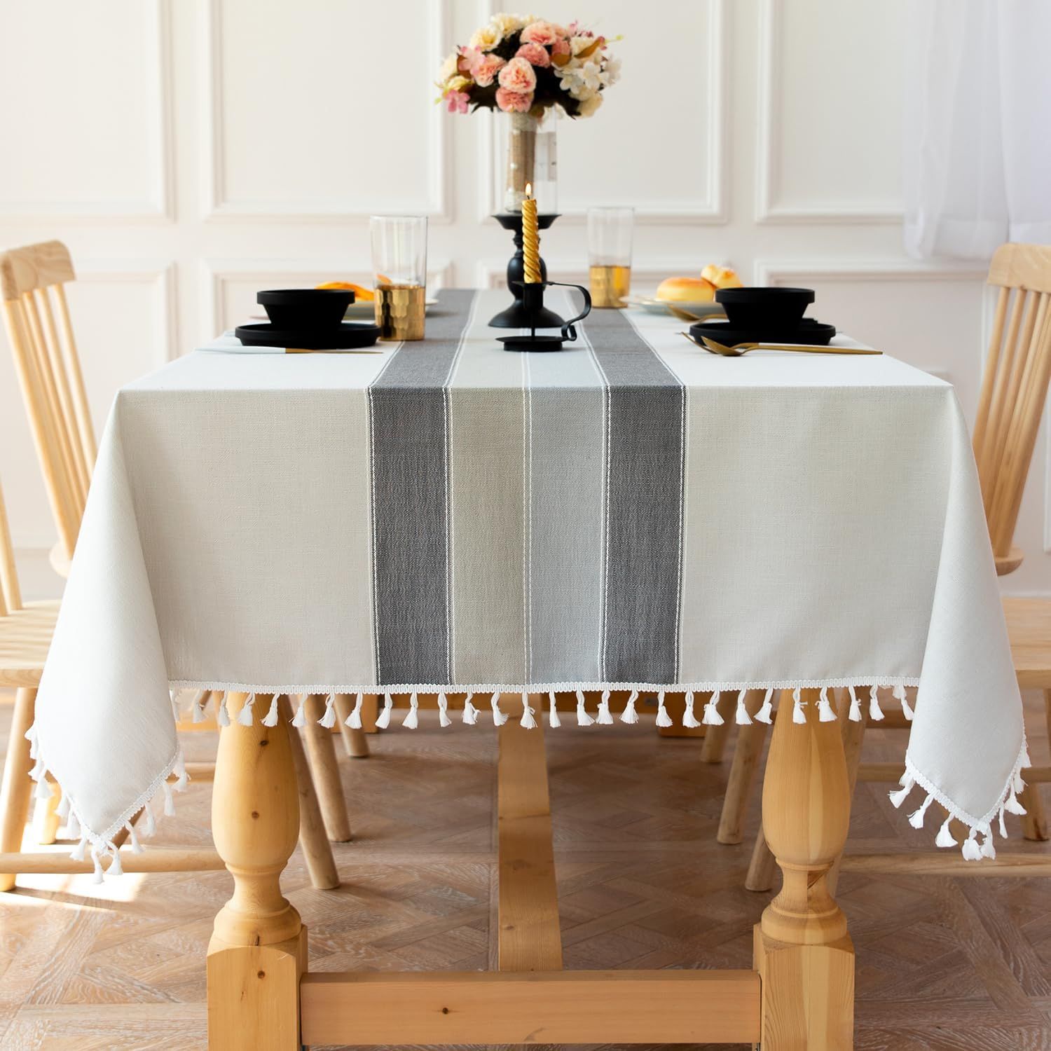 Tablecloths for Rectangle Tables, Cotton Linen Table Cloth Waterproof Tablecloth Wrinkle Free Farmhouse Dining Tables Cover, Soft Fabric Table Cloths with Tassels, Striped gray 90*140cm