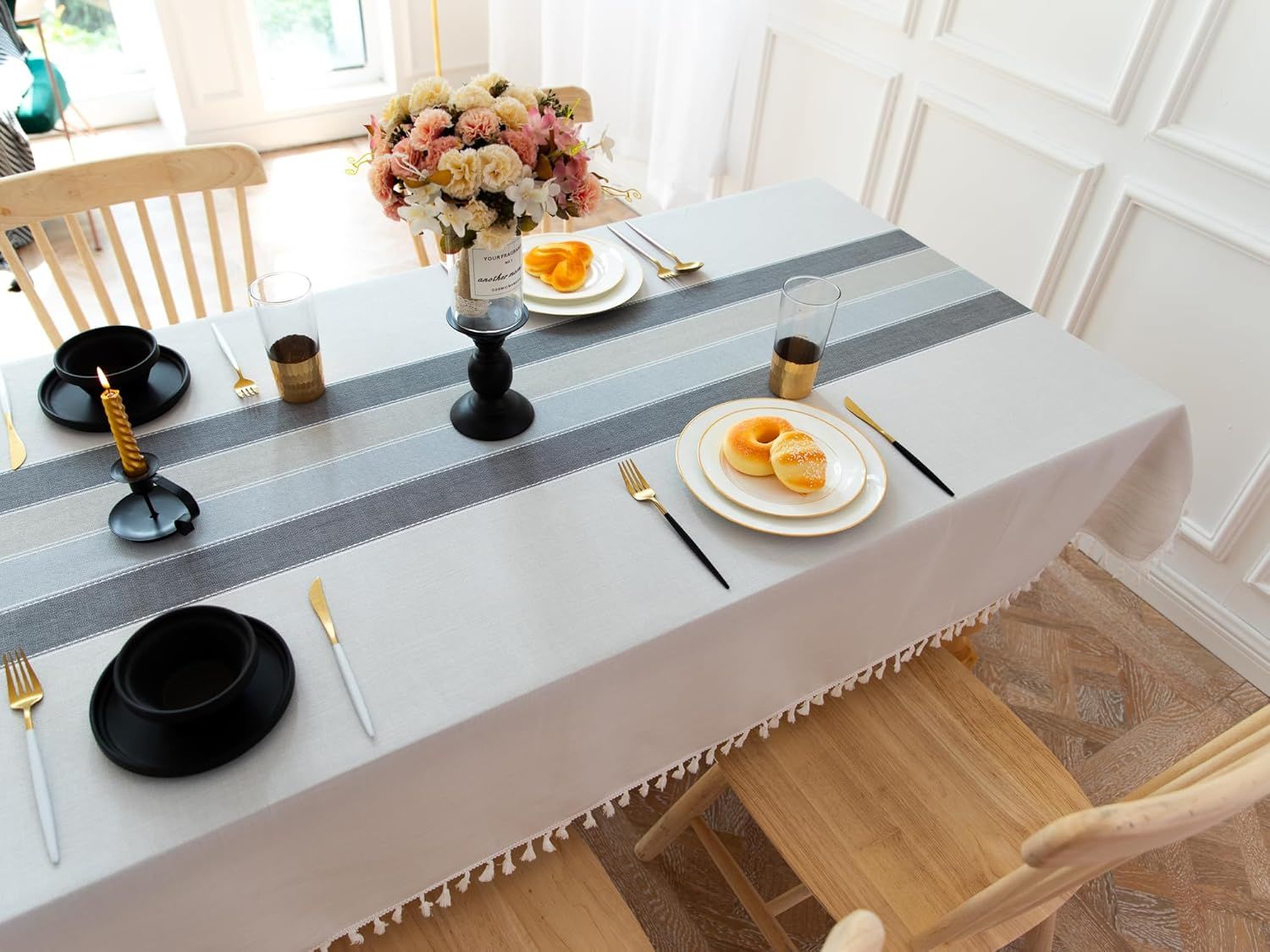Tablecloths for Rectangle Tables, Cotton Linen Table Cloth Waterproof Tablecloth Wrinkle Free Farmhouse Dining Tables Cover, Soft Fabric Table Cloths with Tassels, Striped gray 90*140cm
