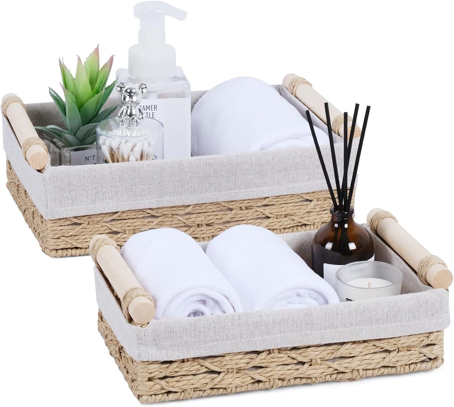 Paper Rope Decorative Toilet Paper Baskets & Bathroom Organizer for Toilet Tank Top, Shelves, Bedroom, Countertop,Home,Office Storage Bins, 2 Pack,Beige