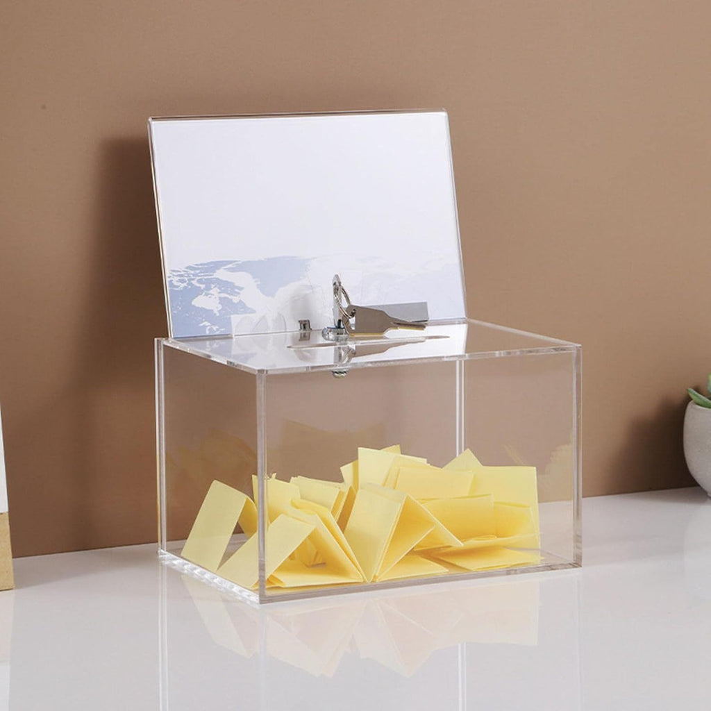 Acrylic Donation Box for Fundraising, Clear Suggestion Box with Slot and Lock, Thickened Ballot Boxs for Charity Tip Collection, Plastic Storage Container with Sign Holder（transparent）