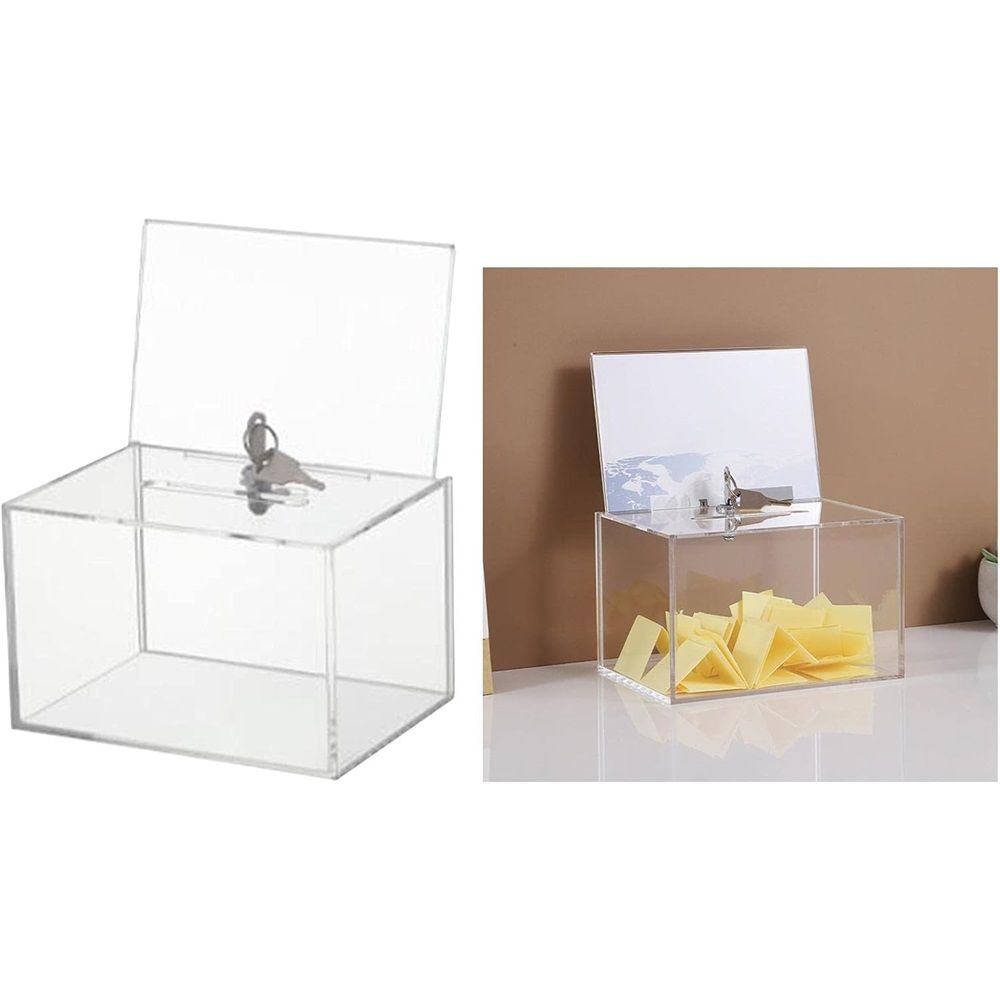 Acrylic Donation Box for Fundraising, Clear Suggestion Box with Slot and Lock, Thickened Ballot Boxs for Charity Tip Collection, Plastic Storage Container with Sign Holder（transparent）